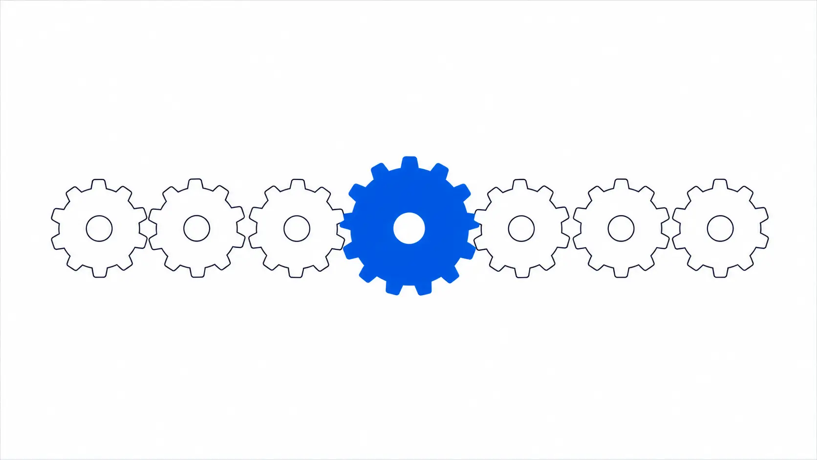 A row of interlocking gears with the larger one at the centre driving the rest