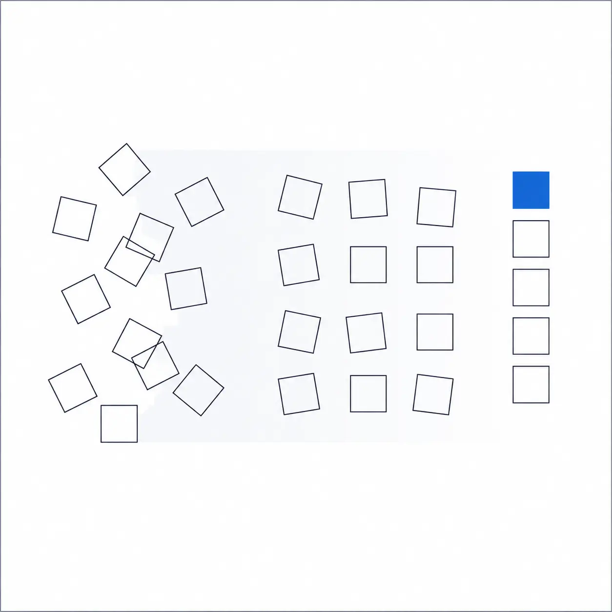 Scattered squares on the left resolving into an ordered column of five rows on the right, with the top row highlighted
